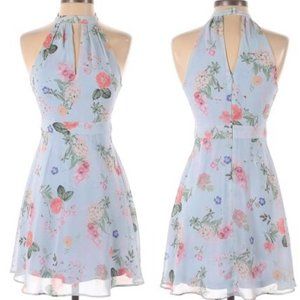 Express Blue Floral Halter Fit and Flare Dress